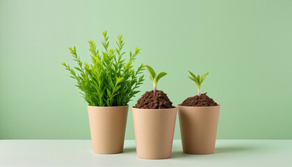 Fototapeta premium Biodegradable paper cups filled with soil and sprouting plants on a trendy mint background for World Environment Day