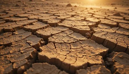 AI-generated illustration of cracked dry earth under a warm sunset, symbolizing drought