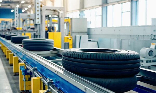 Tire Manufacturing: A dynamic image of a modern tire factory showcases the assembly line's efficiency, emphasizing the process of tire production.