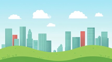 Cityscape with hills, sunny day, flat design, background image