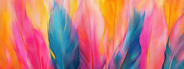 Fototapeta premium Vibrant bird feathers showcase tropical colors with pinks, blues, and yellows creating a stunning display of nature's artistry