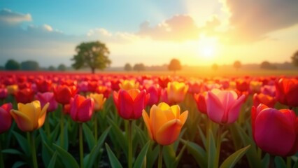 A Vibrant Field of Tulips Bathed in the Warm Glow of a Sunset, a Serene and Colorful Springtime Scene