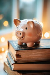 A piggy bank sits atop a pile of books, perfect for storing coins or highlighting a love for learning