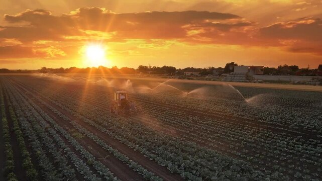 Aerial view drone shot of irrigation system on agricultural cabbage field and farmers with tractor working at sunset helps to grow plants in the dry season. Beautiful sunny landscape rural scene