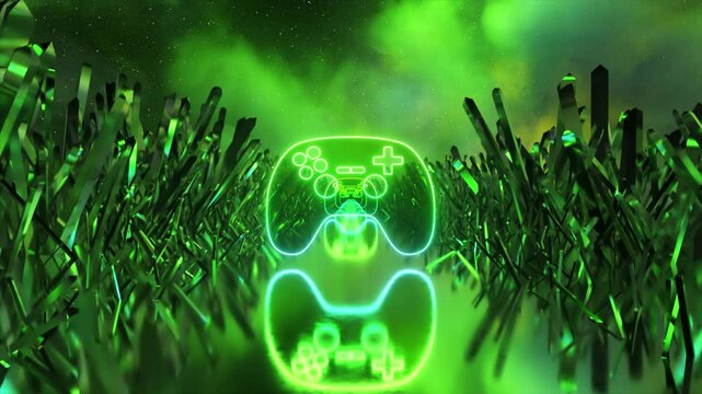 Neon gamepad hovering above verdant crystal forest, emanating digital magic under starry night sky with ethereal smoke swirling through surreal landscape