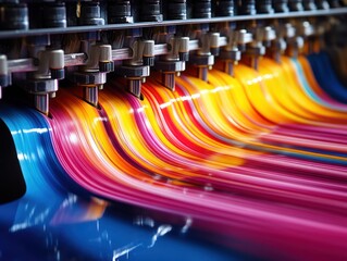Colorful printing press ink streams, factory background, industrial process
