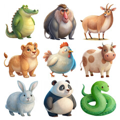 Set of cube chubby water color animals - Crocodile, Baboon, Goral, Lion cub, Hen, Cow, Rabbit, Panda, Green snake, transparent  background,  illustration, clipart for kids