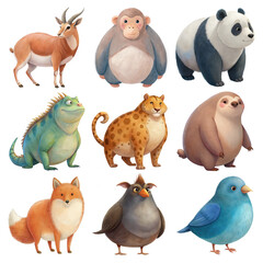 Set of cube chubby water color animals - Goral, monkey, panda, lizard, leopard, kashmir, fox, bush bird, blue bird, transparent  background,  illustration, clipart for kids