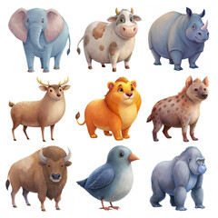 Set of cube chubby water color animals - Elephants, cows, rhinos, deer, lion cubs, hyenas, bison, birds, gorillas, transparent  background,  illustration, clipart for kids