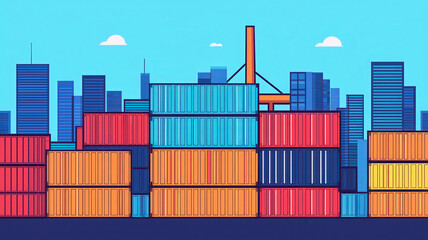 Colorful shipping containers stacked in cityscape