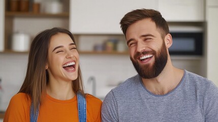 Fototapeta premium A cheerful married couple cleaning their home together, the husband vacuuming while the wife dusts a bookshelf, both laughing 