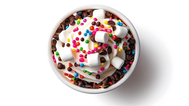 Creative overhead view of a halal soft serve ice cream cup with colorful toppings
