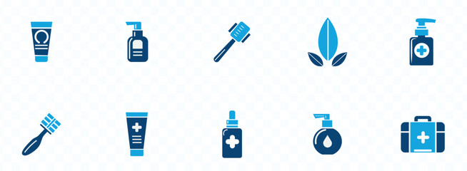 Skin care icon set. Containing cosmetics, cream, lotion, skincare, dermatology, facial care, serum, cleanser, beauty and more.