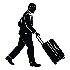 Businessman walking with travel luggage, isolated vector silhouette, Man pulling a suitcase silhouette vector art black color design