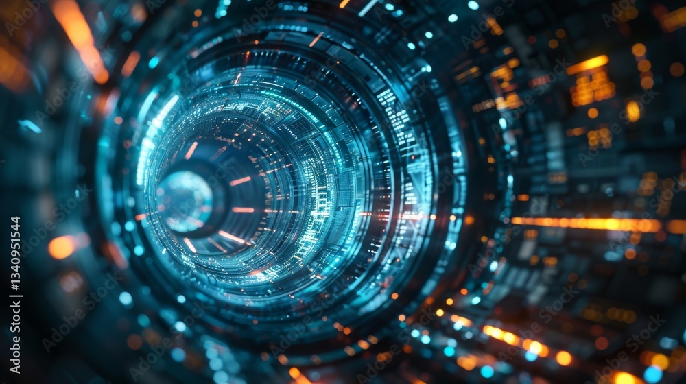 Poster data breach simulation illustrating ai malware navigating through a digital firewall environment