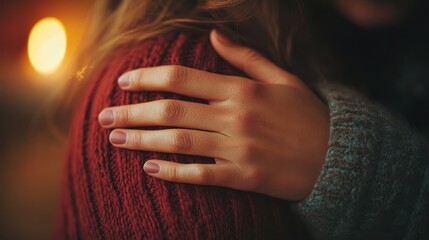 A comforting hand resting on anothers shoulder, symbolizing support and emotional connection (hands only, no faces).