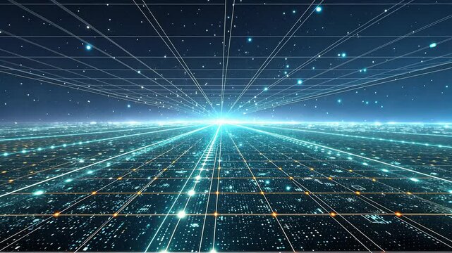 Futuristic digital landscape with glowing gridlines