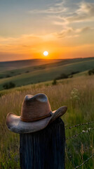 Sunset Cowboy Hat on Fence Post