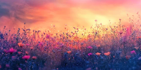 Fototapete Rund Purple flowers are blooming in a spring field at sunrise, covered in glistening dew drops, creating a serene and beautiful natural landscape © iloli