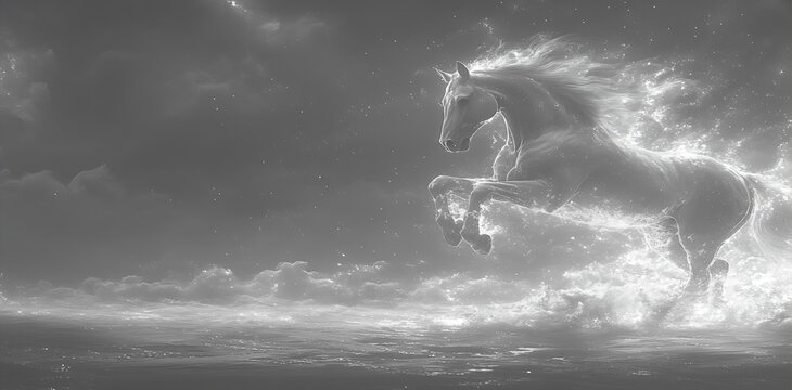 Dynamic animated loop of a galloping horse, its sleek coat transforming into a mesmerizing animal-themed galaxy of stars, capturing the spirit of freedom and adventure ::2 celestial journey, 