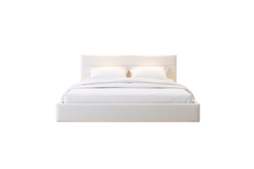 A neatly made bed with a minimalist white frame, two plump pillows, and soft lighting, evoking comfort and elegance, isolated on a transparent background