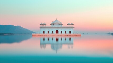 Obraz premium Serene Reflection of Majestic Temple in Tranquil Waters at Sunrise with Colorful Skies and Soft Pastels in a Peaceful Landscape