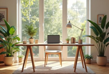 serene inviting workspace featuring calming colors textures enhanced focus productivity, design, furniture, table, chair, lamp, plant, shelf, rug, decor