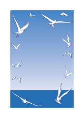 Stylish frame illustration. Seagulls fly against the background of the sea horizon and blue sky. EPS 10. Vector illustrations