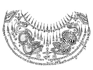 Thai traditional tattoo. Yant Suea and Singha or Tiger and Lion yantra. Thai text translation: protection from harm, danger, and negative influences.