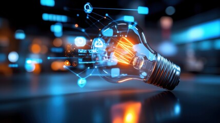 Innovative technological breakthrough light bulb concept urban environment digital art futuristic viewpoint creative ideas for seo impact