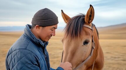 A Kazakh nomad preparing a horse for travel, tightening the saddle, deep bond between man 