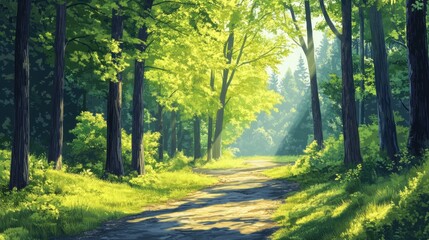 Obraz premium Sunlit forest path amidst lush greenery and tall trees in tranquil natural setting