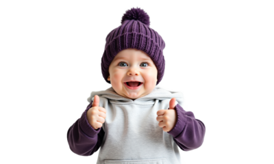 Cheerful baby giving thumbs up in studio, isolated on transparent background. Smiling kid with positive gesture for kids content, healthy lifestyle, and happy childhood themes.