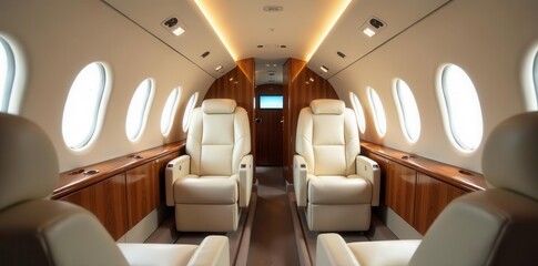 Obraz premium Luxurious Private Jet Cabin Interior Elegant Cream Leather Seating, Rich Wood Paneling, and Large Oval Windows Offer a Sophisticated and Comfortable Flight Experience