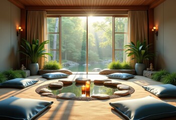 serene meditation space featuring natural calm peaceful accessories relaxation mindfulness practice, tranquility, greenery, candles, stones, cushions