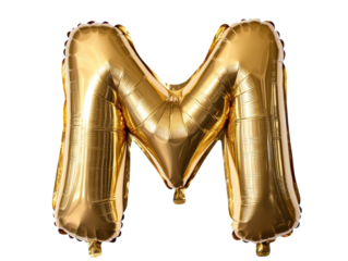 Shiny gold letter M balloon for decoration in celebration on a transparent background, cut out