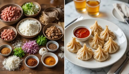 Preparing Delicious Momos with Fresh Ingredients and Spicy Dipping Sauce