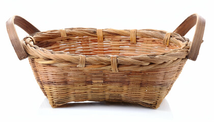 Obraz premium A Rustic Woven Basket With Sturdy Handles, Ready For Gathering Natures Bounty, Showcasing Its Simple Elegance Against A Bright White Background