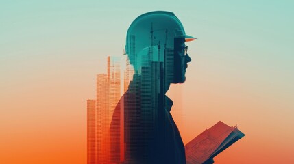 Creative Double Exposure of Engineer with Construction Plans Against Urban Skyline at Sunset