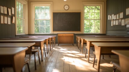 Deserted classroom with rows of empty desks, a clean blackboard, and sunlight streaming through windows