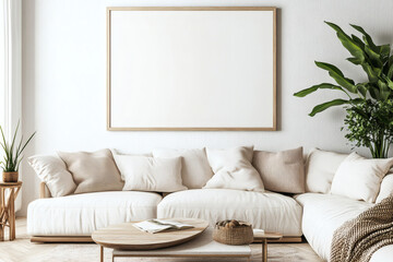 Bright Scandinavian Living Room with Large White Picture Frame Mockup