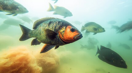Stop pollution wildlife concept. Colorful fish swimming in an underwater scene with other fish.
