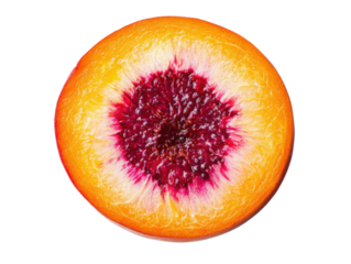 Freshly cut peach showcasing vibrant colors and juicy texture on a transparent background, cut out