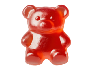 Red gummy bear sitting on a flat surface, showcasing its shiny texture on a transparent background, cut out