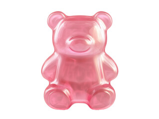 Large pink gummy bear sitting on a plain background