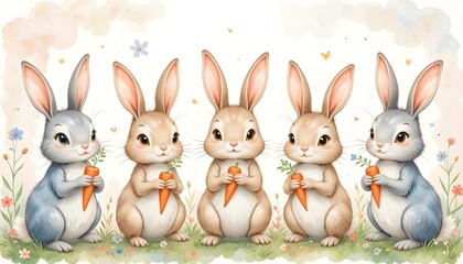 Fototapeta premium A set of bunny and each of bunny holding a carrot, watercolour painting with a whimsical background