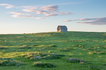 A weathered barn sits atop a gently sloping hill, surrounded by vibrant green pasture dotted with wildflowers. The clear sky displays soft, wispy clouds at sunset.