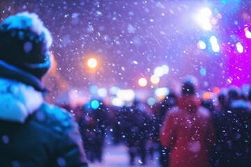 Vibrant night snowfall scene with diverse crowd and colorful lights