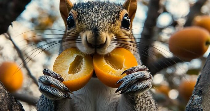 Close-up view of a gray squirrel holding two halves of a bright orange fruit in its paws, set against a blurred background of tree branches and more fruit