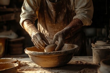 Caucasian male artisan sculpting clay in sunlit workshop